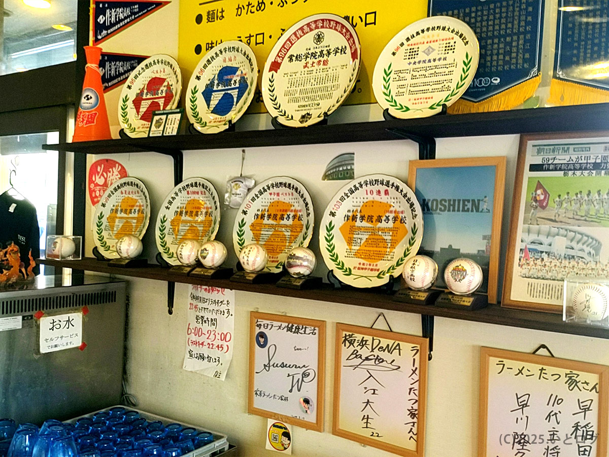 たつ家の壁一面に飾られた甲子園記念皿とサインボール。王道家直系・たつ郎店主の野球愛がにじむフォトスポットで、待ち時間も退屈しない