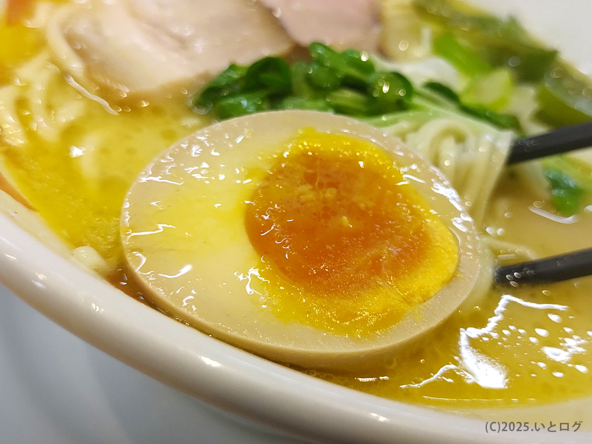 ラーメンにっこう 人気メニューの半熟味玉。とろける黄身が鶏白湯スープの黄金色に溶け込むアップ。