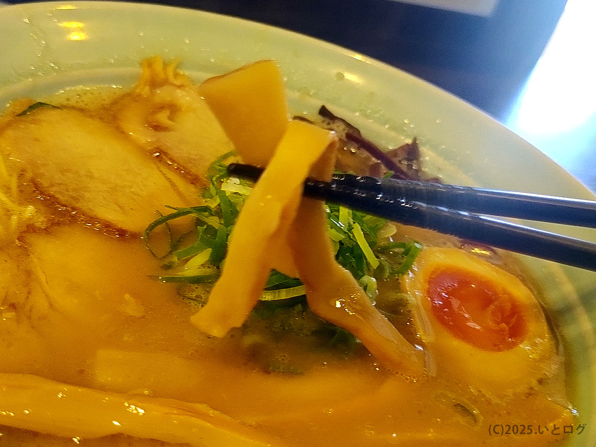 真咲雄 ラーメンの丼からメンマを箸上げ。青ねぎ・味玉・きくらげが見える、香り立つ豚骨スープのアップ