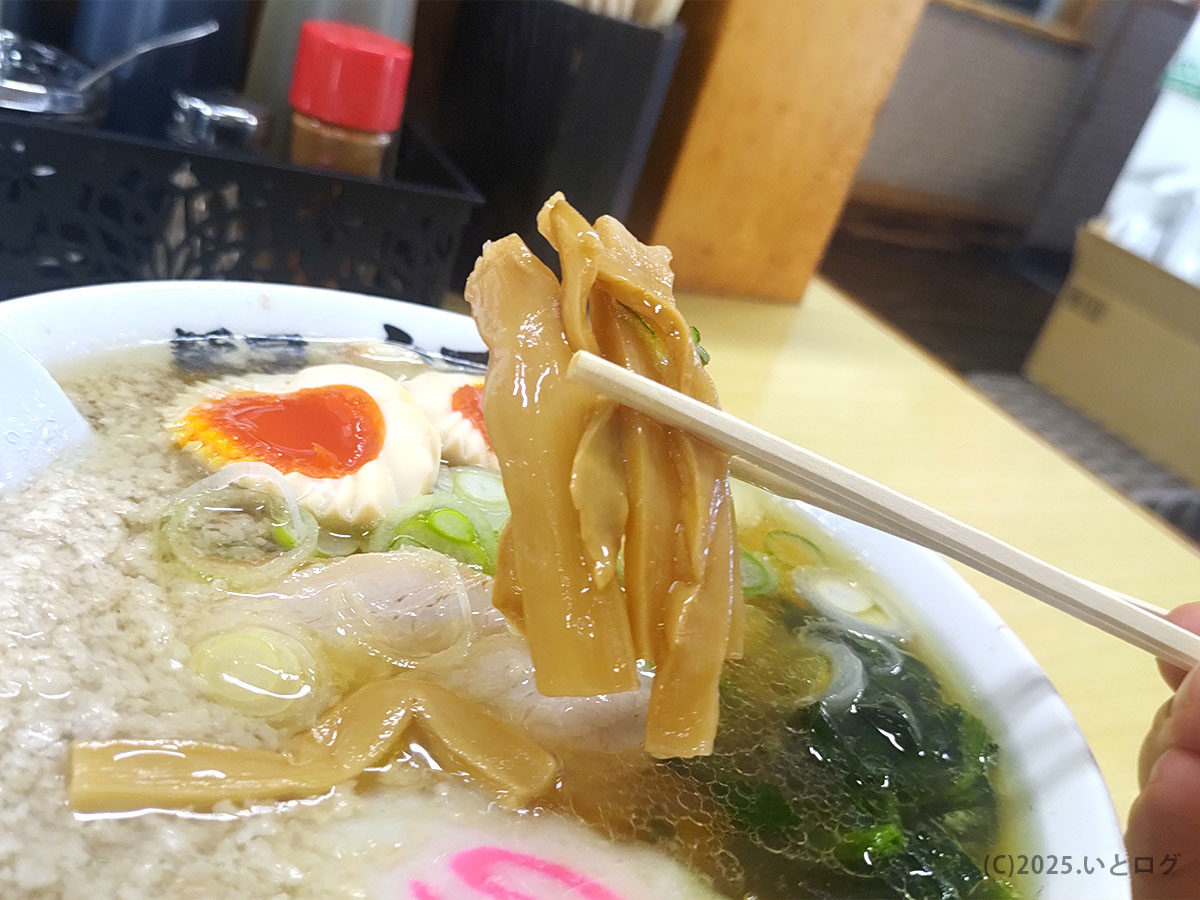 旨味の染み込んだ極太メンマを箸でリフトする瞬間。背脂スープとの相性が伝わる。