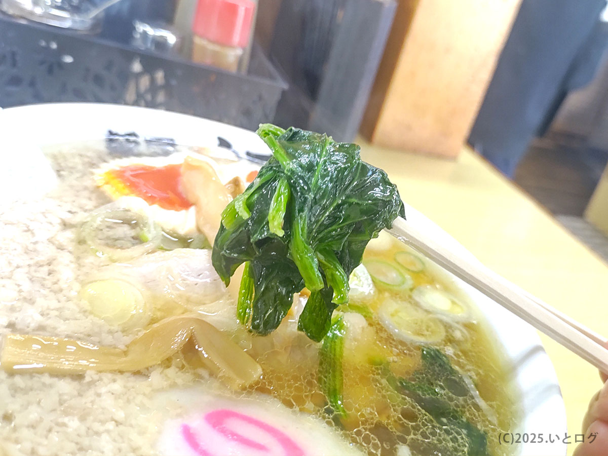 鮮やかなほうれん草をリフトアップ。麺屋ようすけ 東京でも話題の彩りトッピング。