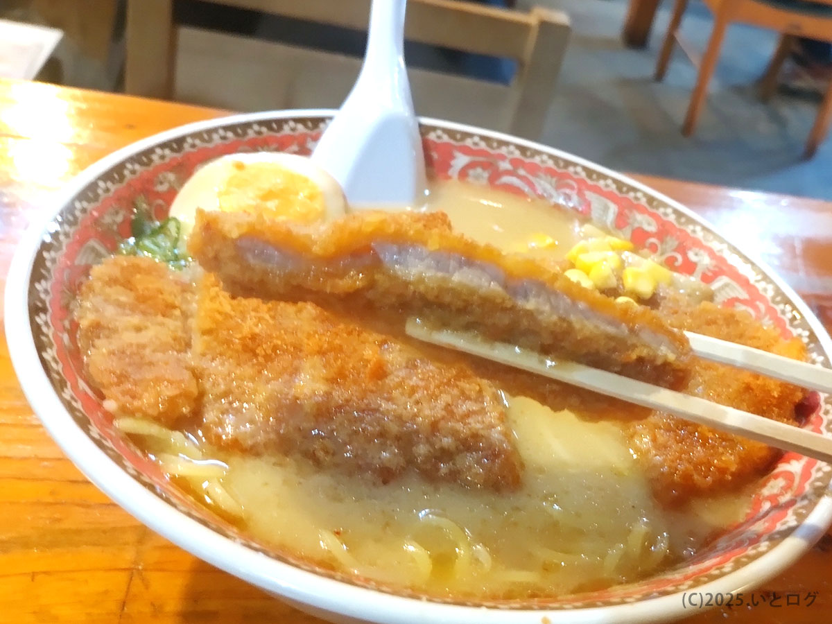 箸で持ち上げた揚げたてカツの肉厚断面。味噌スープと相性抜群の自由軒 高知 大津の一杯。