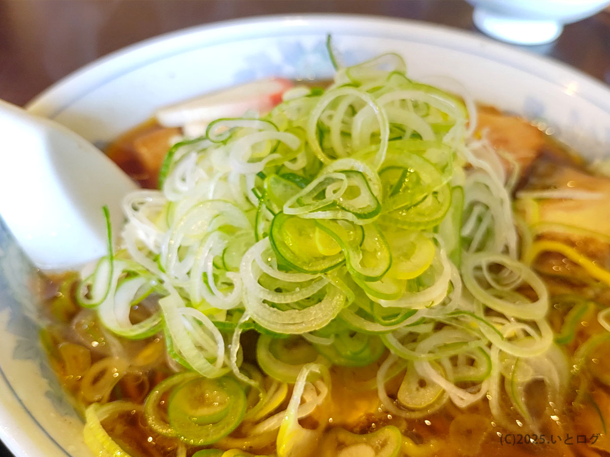 大石家 諏訪店 クチコミで評判のネギ増し。どんぶりを覆う白髪ねぎの山が食欲をそそる