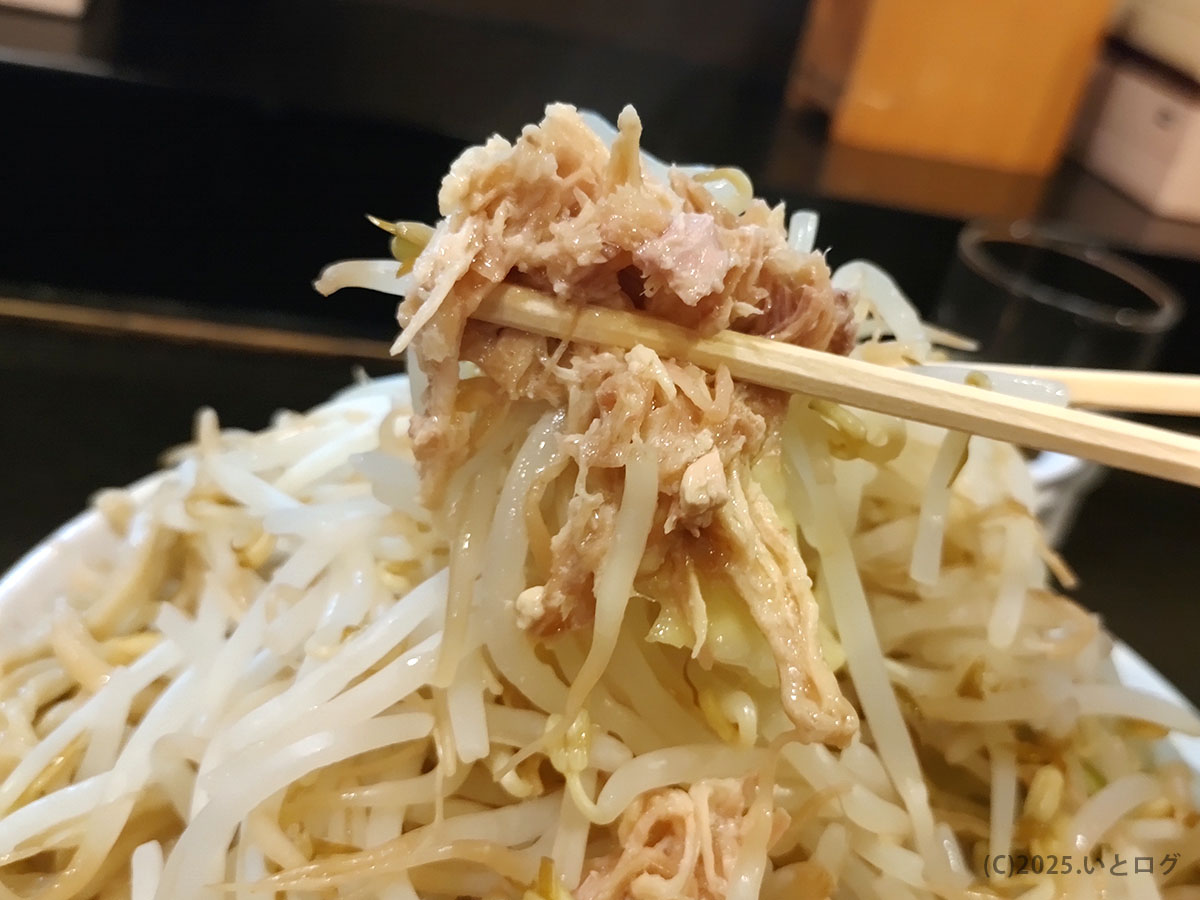 山盛りモヤシの頂にほぐし豚――麺とび六方 茅野の名物ラーメンを箸でリフトした瞬間。圧倒的麺量と具材のボリュームが伝わる接写。