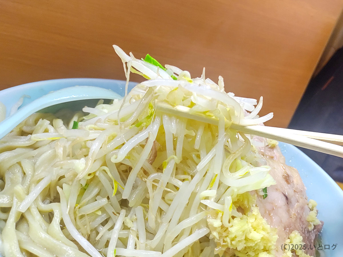 箸で持ち上げるシャキシャキのもやし。立川マシマシコールを思わせる山は食感も爽快。