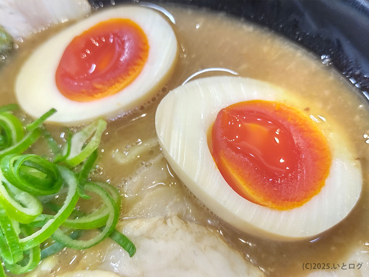 半熟煮玉子のオレンジ色の黄身がとろりと輝くラーメン与七の豚そば。濃厚スープに浸した味玉とシャキシャキの青ねぎが色鮮やかで、堅田店の人気メニューであることが伝わる。