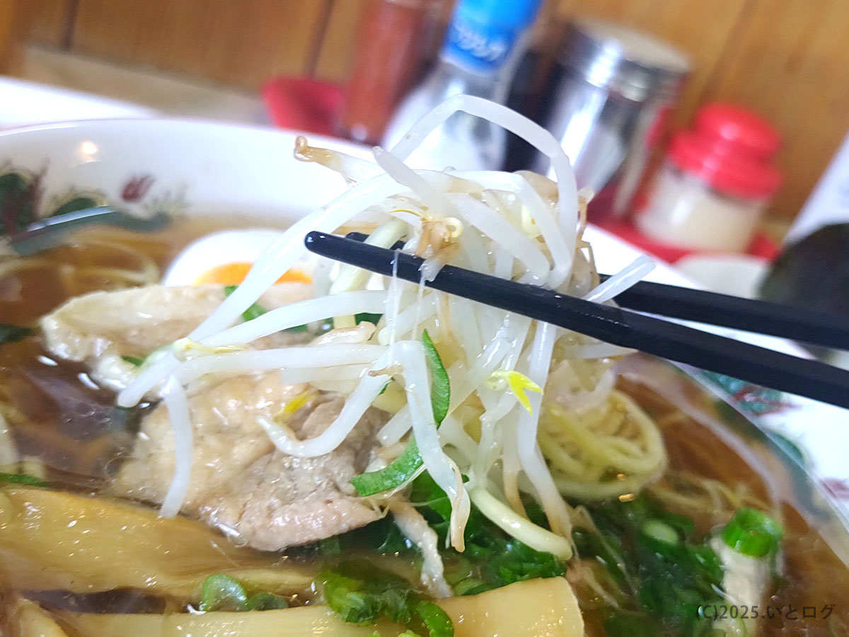 すみれ食堂 ラーメンの具材。シャキシャキ食感のもやしが牛骨スープと絡み、鳥取ラーメンの魅力を引き立てる。