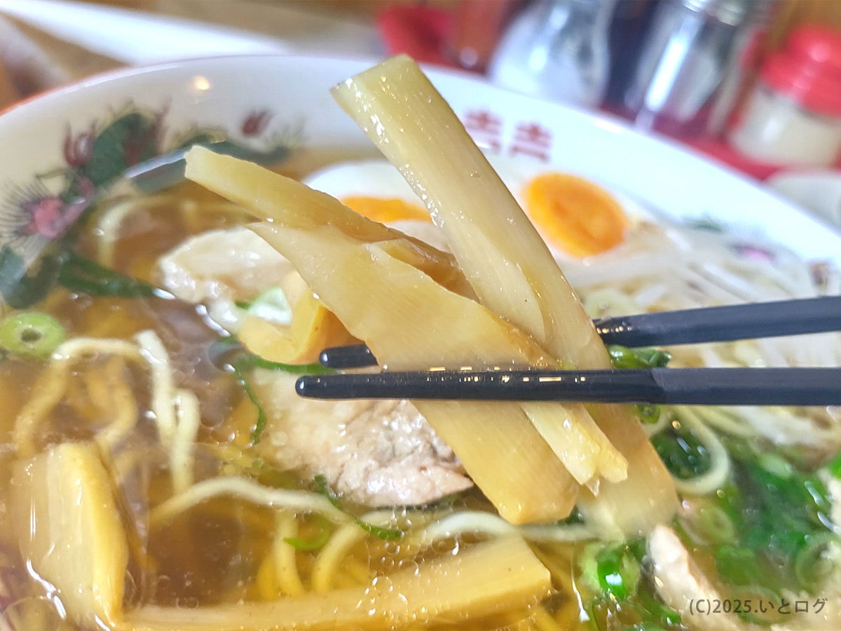 鳥取すみれ食堂のラーメンにトッピングされたメンマ。素朴ながらも牛骨スープと相性抜群。