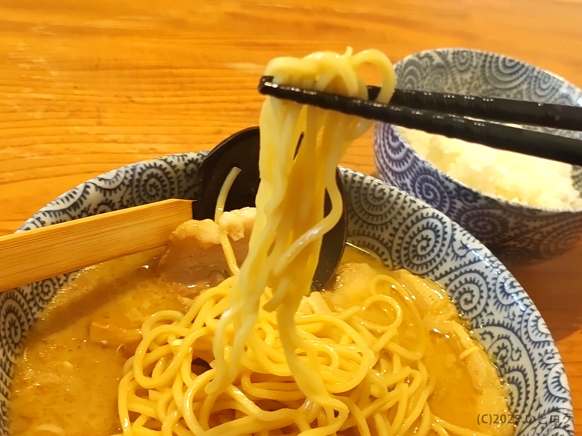 天空豚スペシャルの麺リフト。中細麺が濃厚スープをしっかりと持ち上げる。松江学園ラーメンらしい食べ応えあるスタイル。
