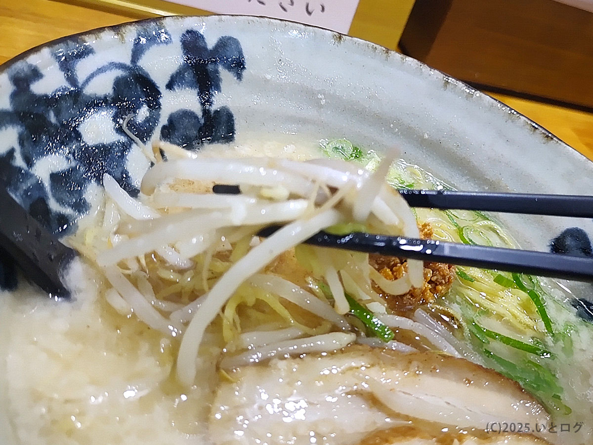 麺屋ひばりのラーメンに盛られたシャキシャキ食感のもやし。濃厚スープとの相性抜群。
