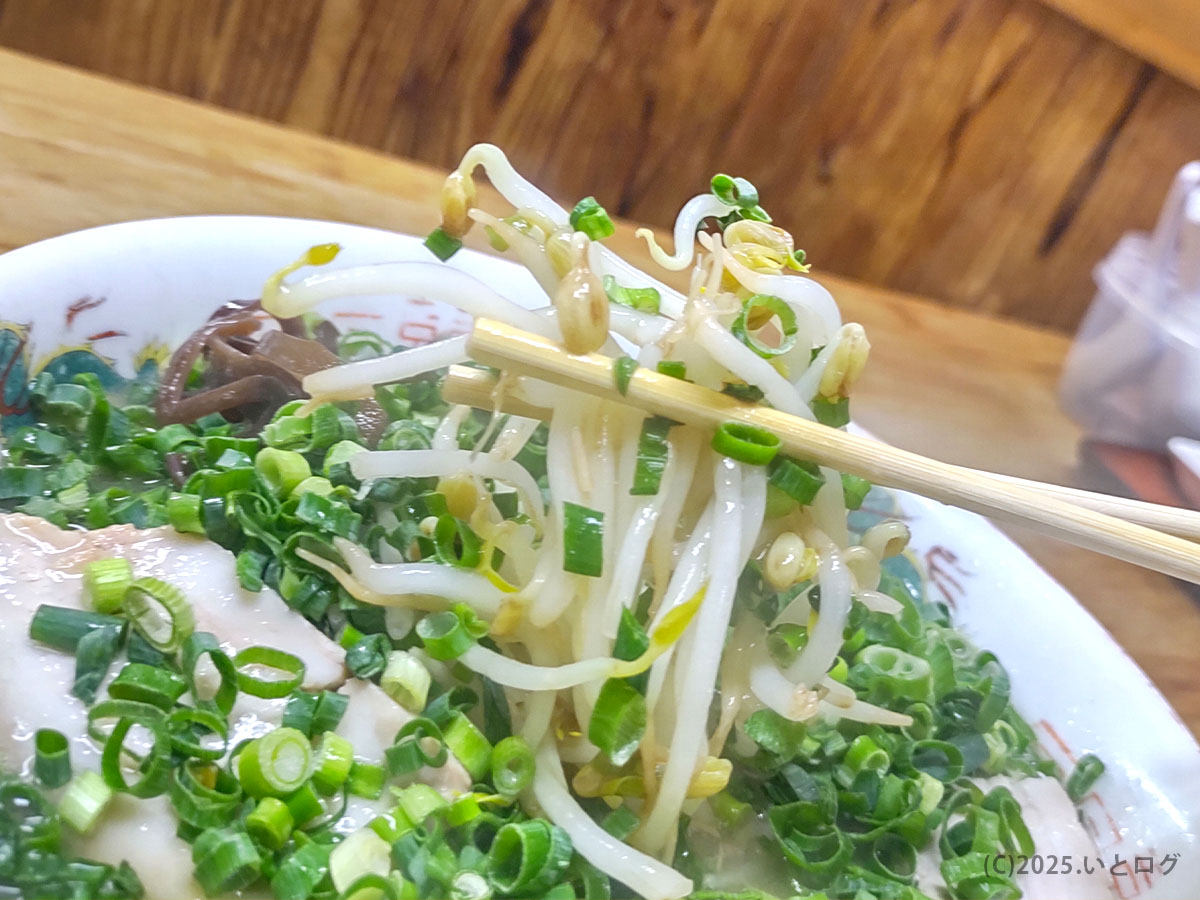竹兆ラーメン 下関のもやしトッピング。湯気が立ち上る中、軽やかなシャキシャキ感がスープに調和する。