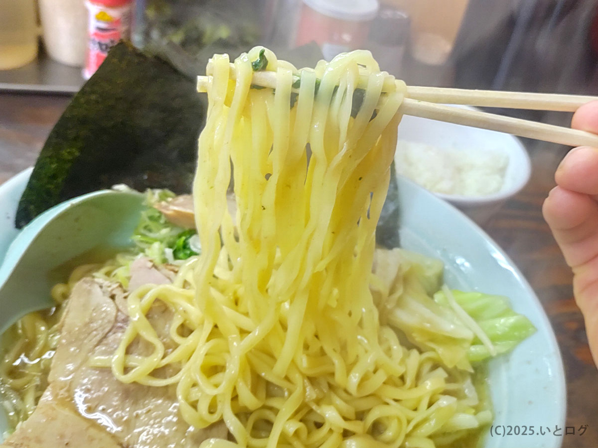 中太ストレート麺を持ち上げた瞬間。もちもちとした食感でスープをしっかり絡める、ヤスシボーイの王道家系ラーメン。下松ラーメン好きに刺さる一杯。