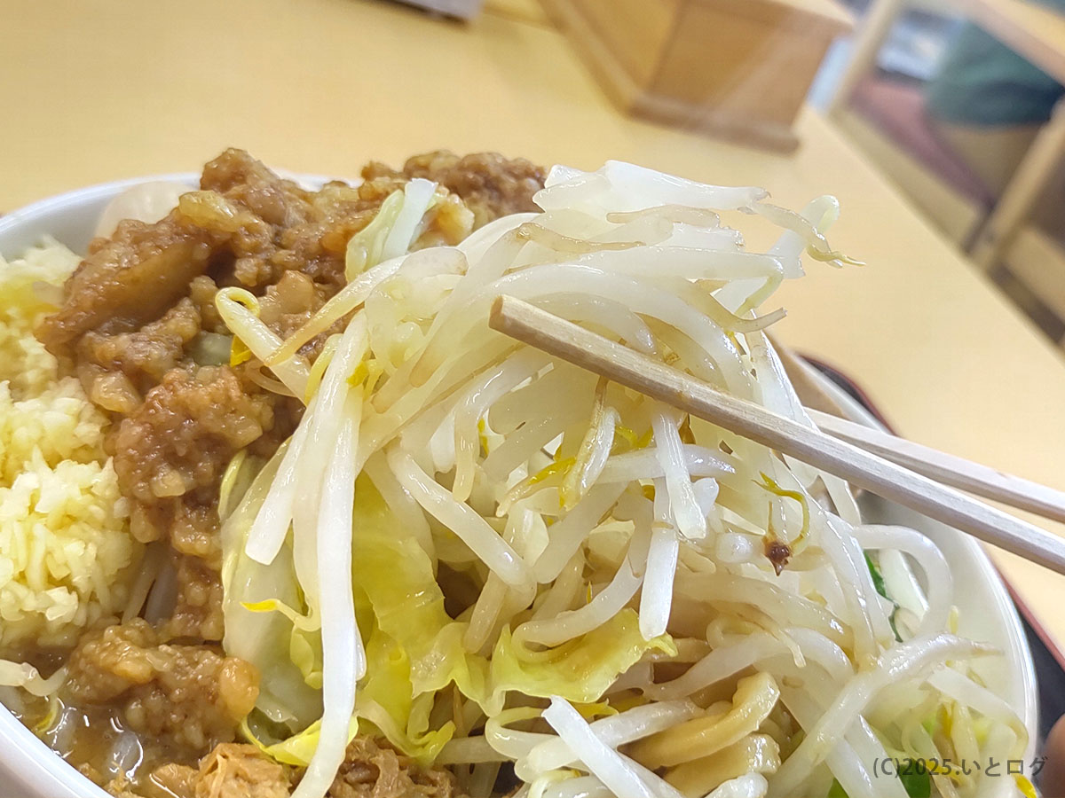 RAMEN OF TODAY 下松店のもやしとキャベツ。シャキッと茹でた野菜が背脂の甘みと合わさり、こってりスープを中和する。ラーメンオブトゥデイカイスギ東広島でも人気の盛り付けスタイル。
