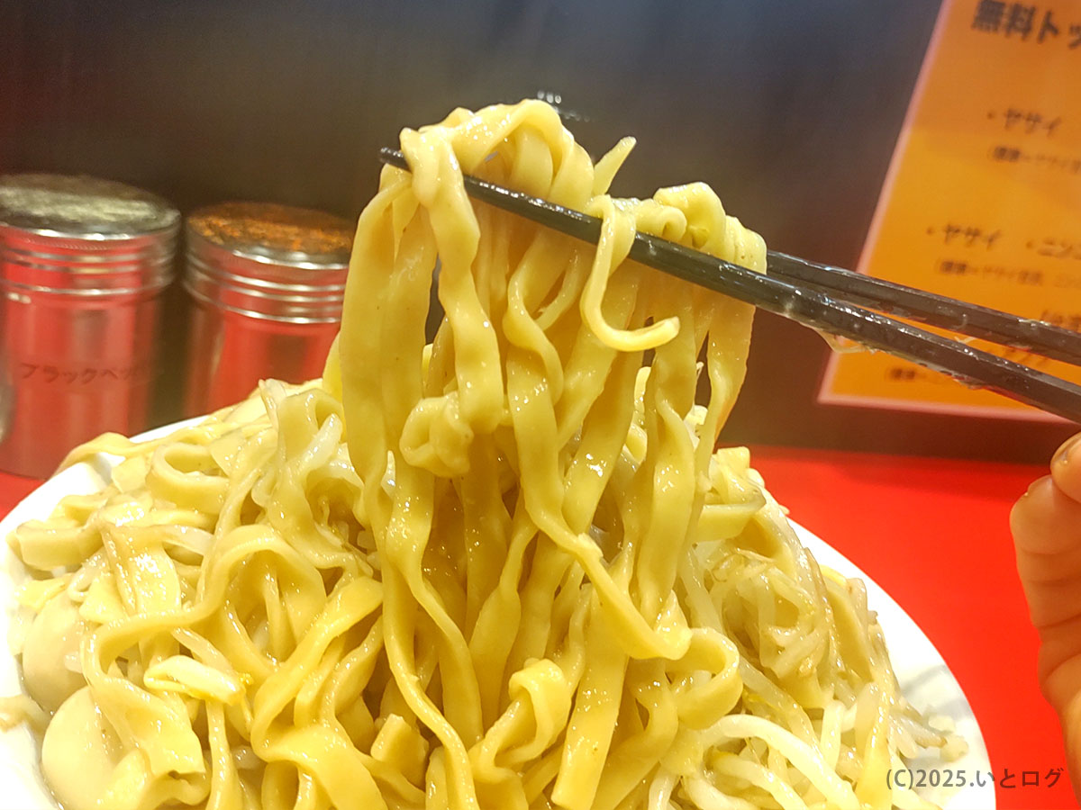 ラーメンつづき町田店の麺量は多めで、極太の平打ち麺が特徴。ワシワシとした食感が二郎系好きにはたまらない。