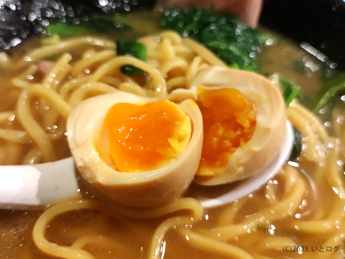 家系ラーメン クックらの味玉。半熟の黄身がとろりと溶け出し、濃厚スープとの相性抜群。