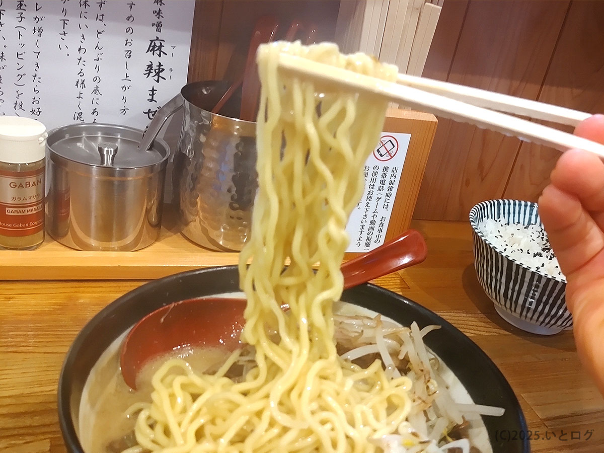 中太ちぢれ麺をリフトアップするシーン。甲府ラーメンらしい力強いコシと喉ごしを表現。
