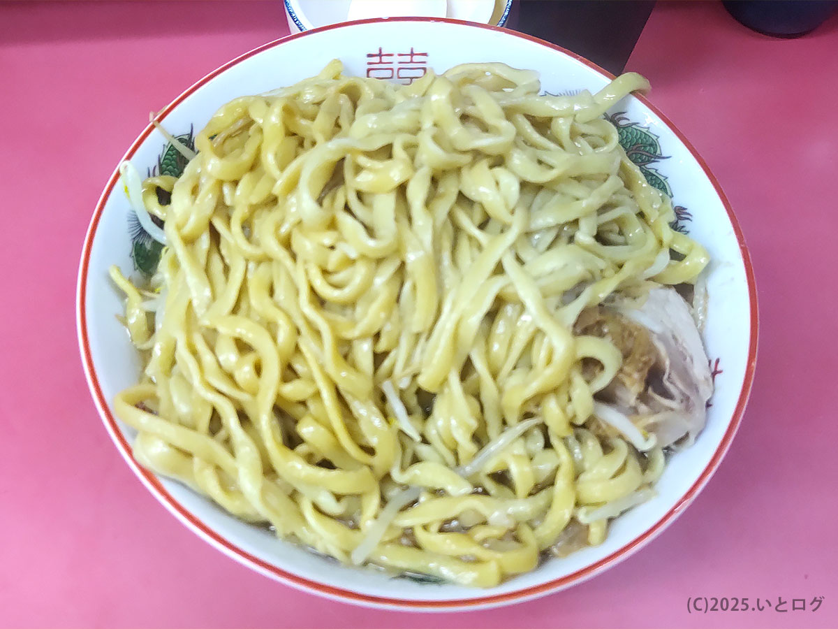 ラーメン二郎 小岩店の茹でたて極太麺がぎっしり詰まった丼。麺量が多い小岩二郎らしさが際立つボリュームショット。