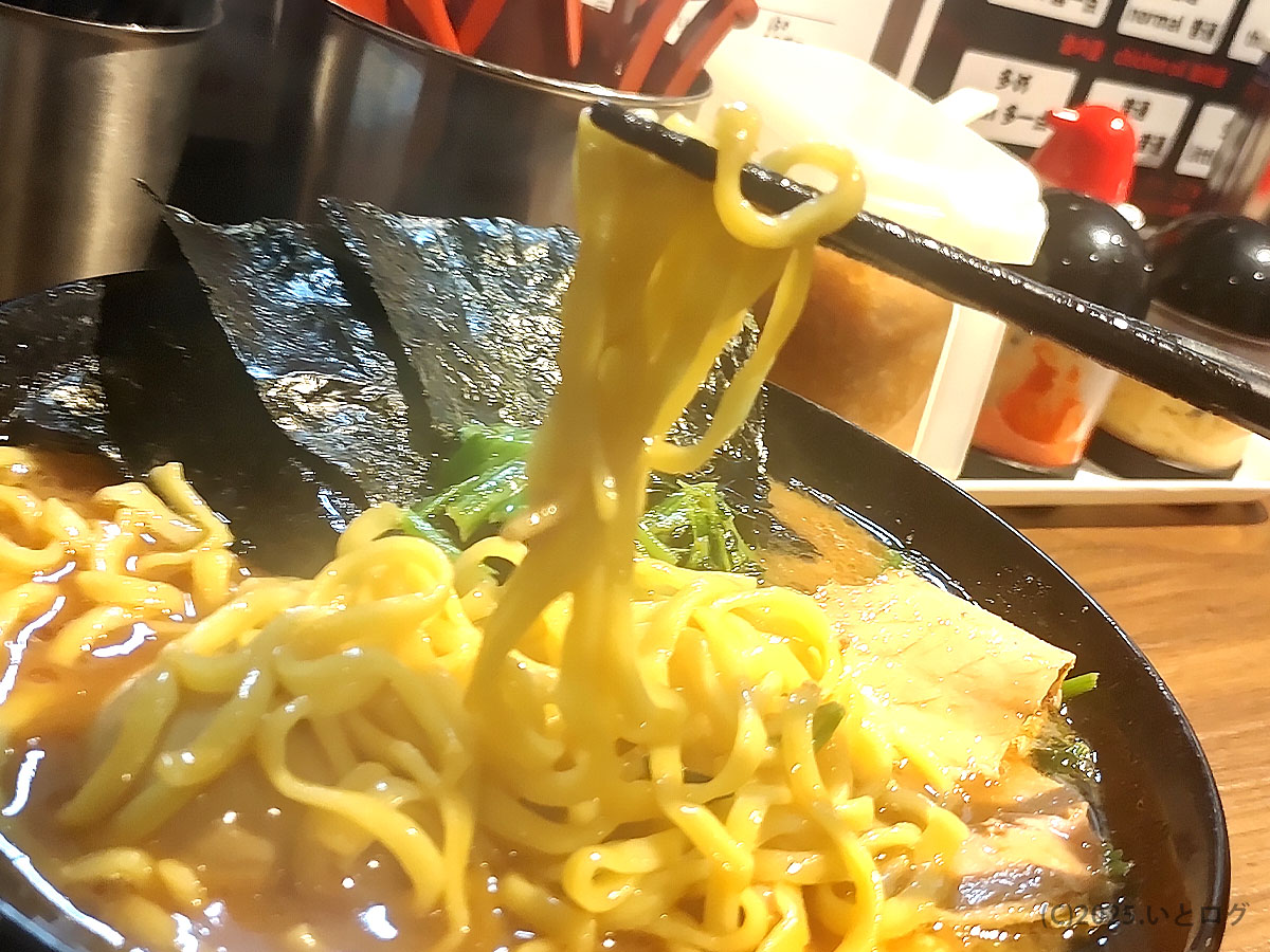 輝道家 水道橋店の中太麺を箸で持ち上げた麺リフト。濃厚スープがよく絡む家系ラーメンらしい力強い麺。