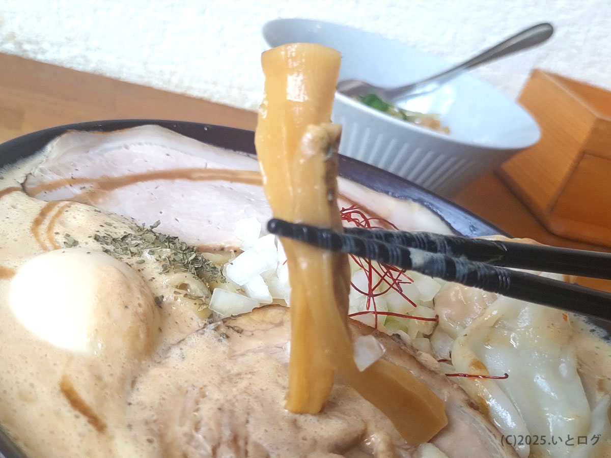 「極太メンマを直立でパチリ。コリコリ食感が伝わる湖麺屋 Reel Cafe の名脇役。」