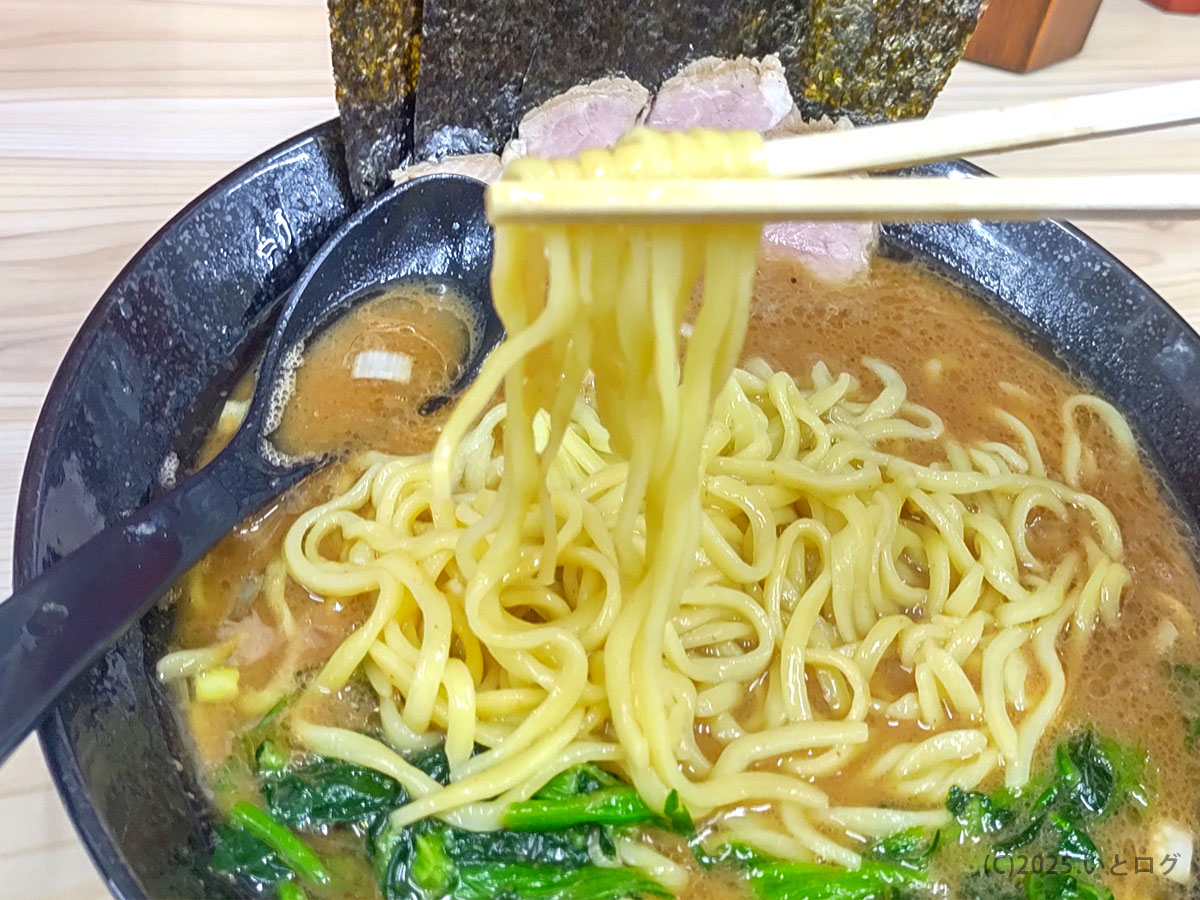 武道家 口(くにがまえ)国分寺の家系ラーメン。箸で持ち上げた中太麺が濃厚豚骨醤油スープに絡む様子。国分寺駅周辺で家系ラーメンを探す人に人気の一杯。