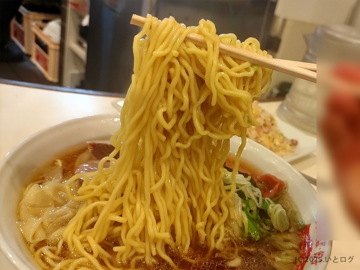 湯気の立つ蓬莱軒（甲府市）の中華そばを箸で持ち上げた瞬間。プリッとした中細麺がスープの香りをまとい、老舗らしいあっさり系の醤油味を想起させる。山梨で人気の蓬莱軒メニューの一品。