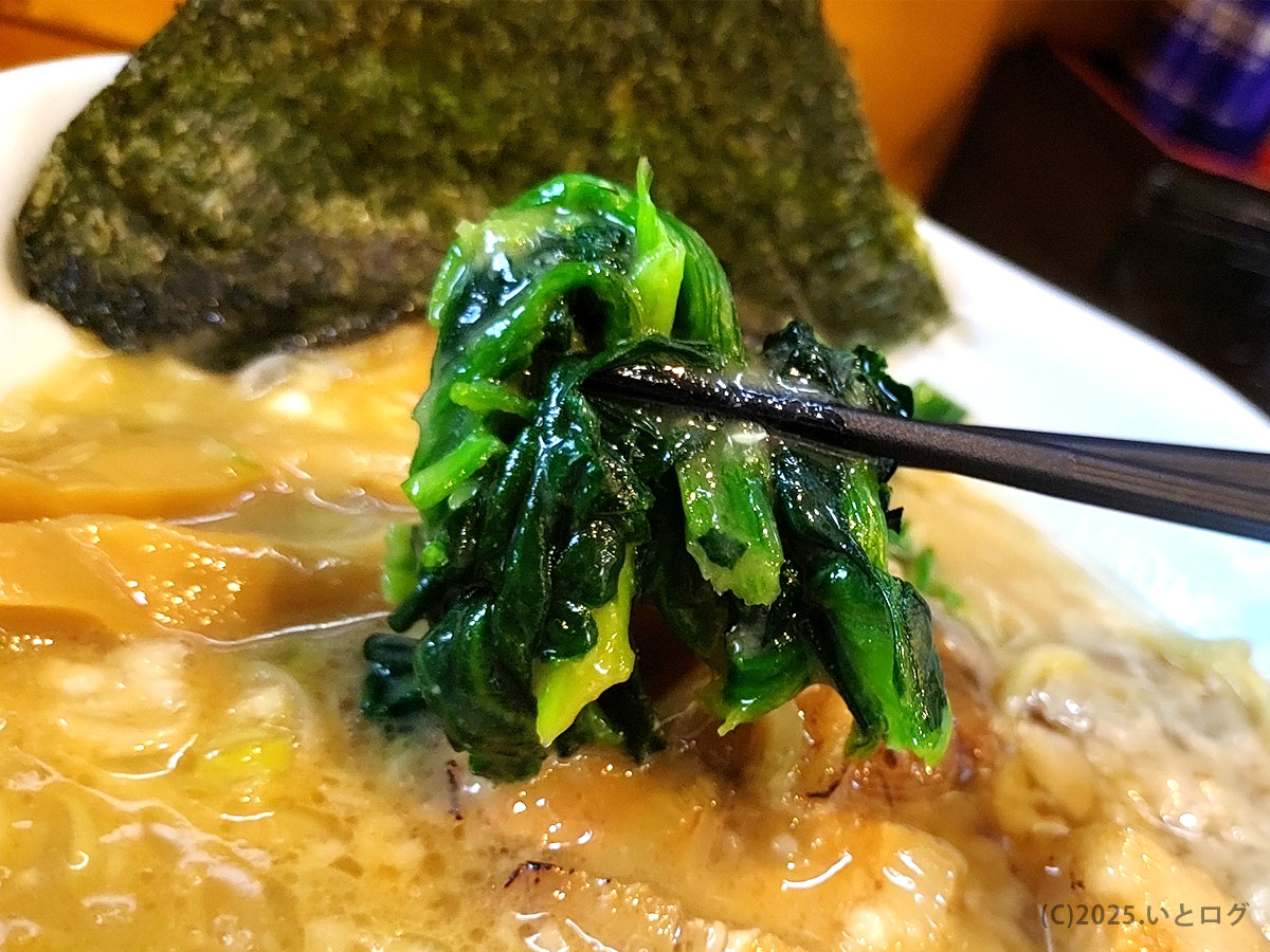 鮮やかなほうれん草を箸で持ち上げ、家系スープの上で湯気をまとわせる