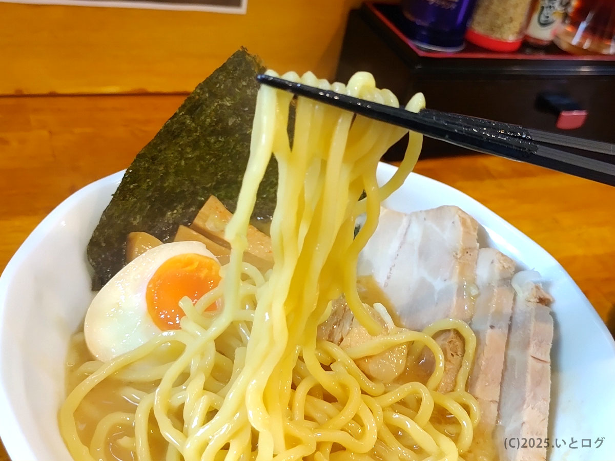 中太ストレート麺を箸で引き上げると、とろみあるスープが艶やかに絡み揺れる