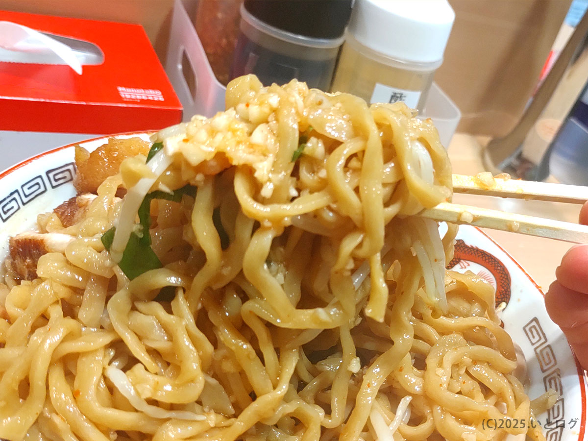 ラーメン豚彦のワシッとした太麺を持ち上げた様子。にんにくと豚の旨みが絡む二郎系らしい食べ応えの麺。