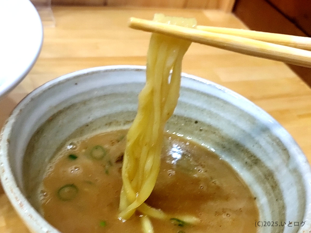 中太麺をつけ汁に潜らせた後、勢いよくリフト。甲斐市ランチで味わう麺線の美しさとコシ