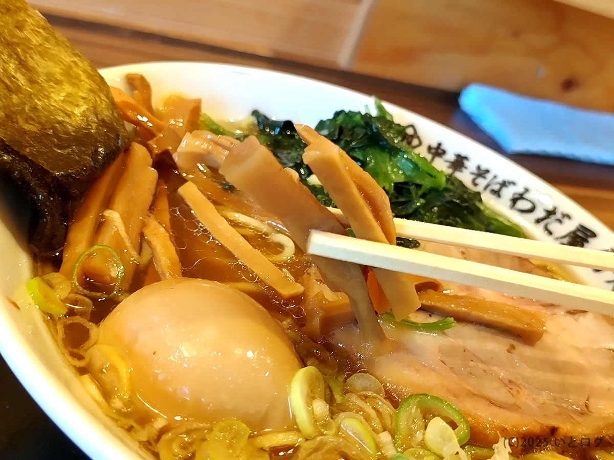 メンマ、味玉、チャーシューのアップ。食感のコントラストが楽しい、和田屋 分店の中華そば具材カット