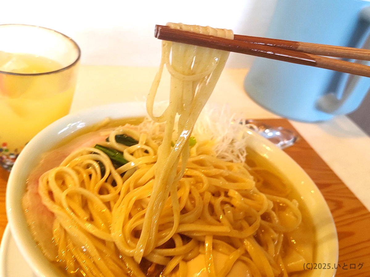 青森中華そばオールウェイズの麺を箸で持ち上げた様子。スープをまとった中細麺