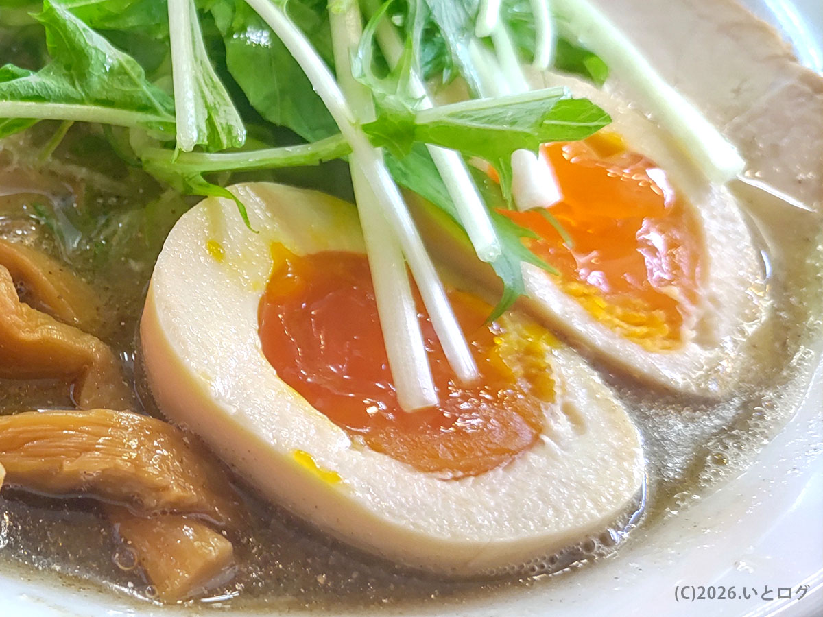 麺饗 松韻の味玉と水菜のトッピング。淡麗系スープに映える由利本荘グルメの一杯