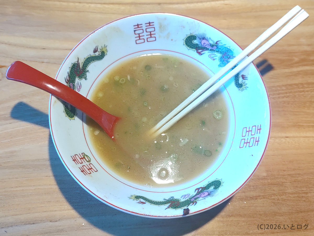 水田商店のラーメンを食べ終えた丼、濃厚ながら後味の残る豚骨スープ