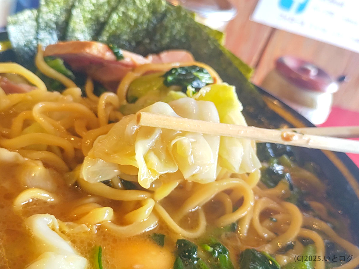 太麺とキャベツが絡む稲葉家のラーメン。岐阜で味わえる王道家直系の家系ラーメンで、食感豊かなトッピングも魅力。