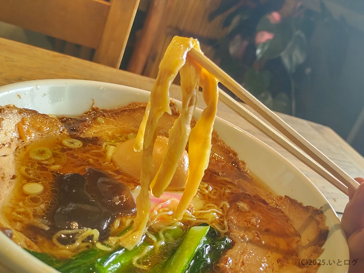 箸で持ち上げたメンマ。山梨県富士吉田市のラーメン屋「麗山」で楽しめるシンプルながら奥深いトッピング。
