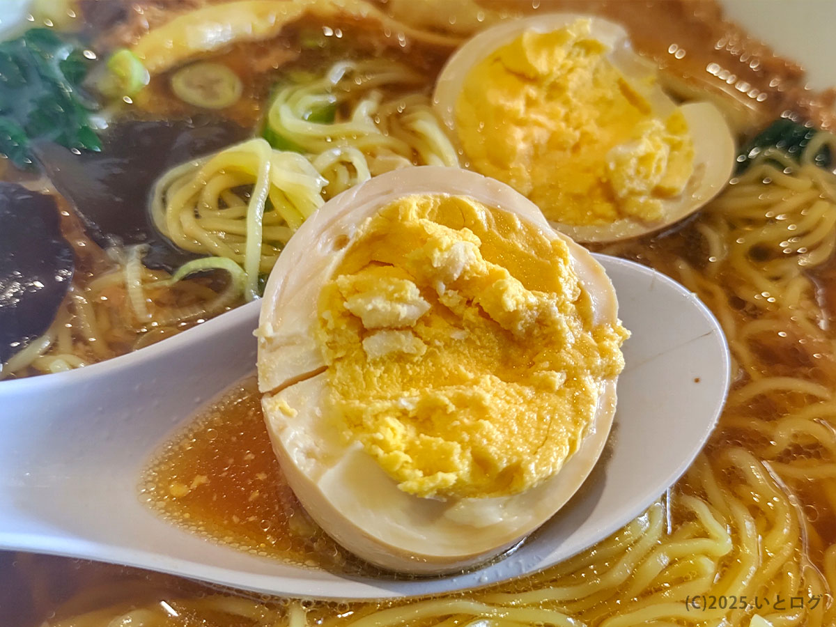 麺処 麗山のラーメンに添えられた煮卵を半分に割った様子。黄身までしっかり味が染み込んでおり、富士吉田市ランチの人気ポイント。