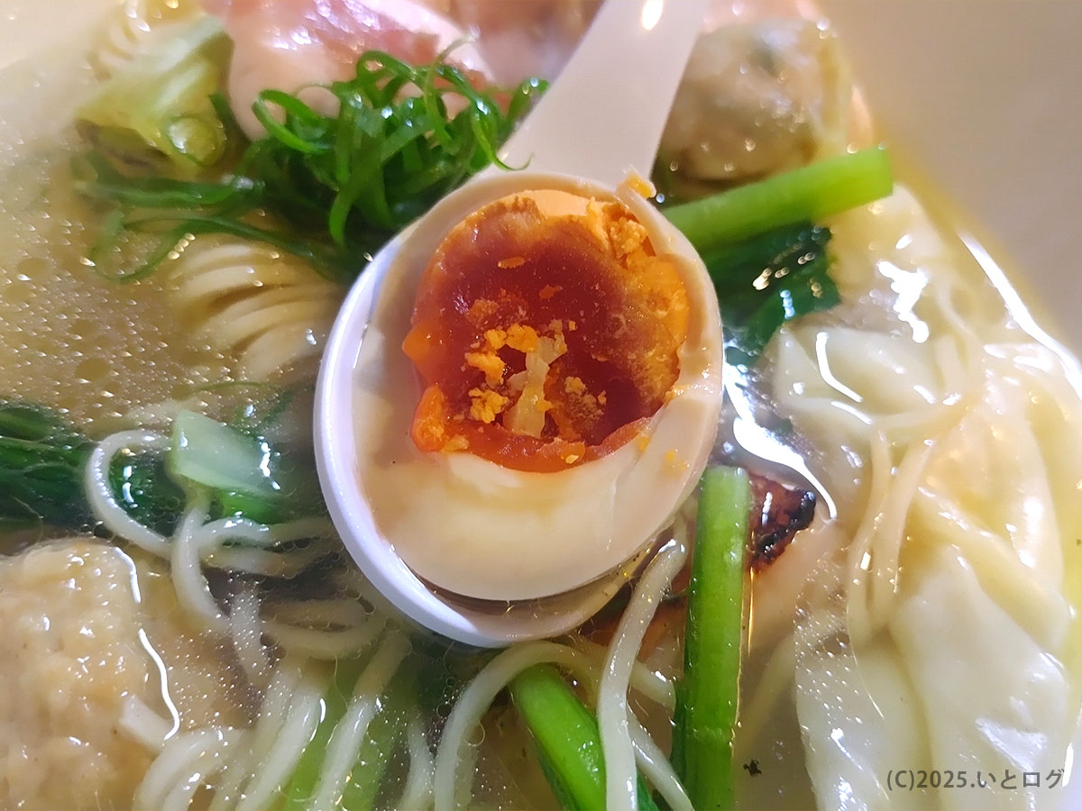 山梨県甲府市の鶏そばAkariで提供される鶏白湯ラーメンの味玉。濃厚な黄身がレンゲに乗り、鶏出汁スープと絡む様子がわかる一枚。山梨で鶏白湯ラーメンを探す人にも伝わる写真。