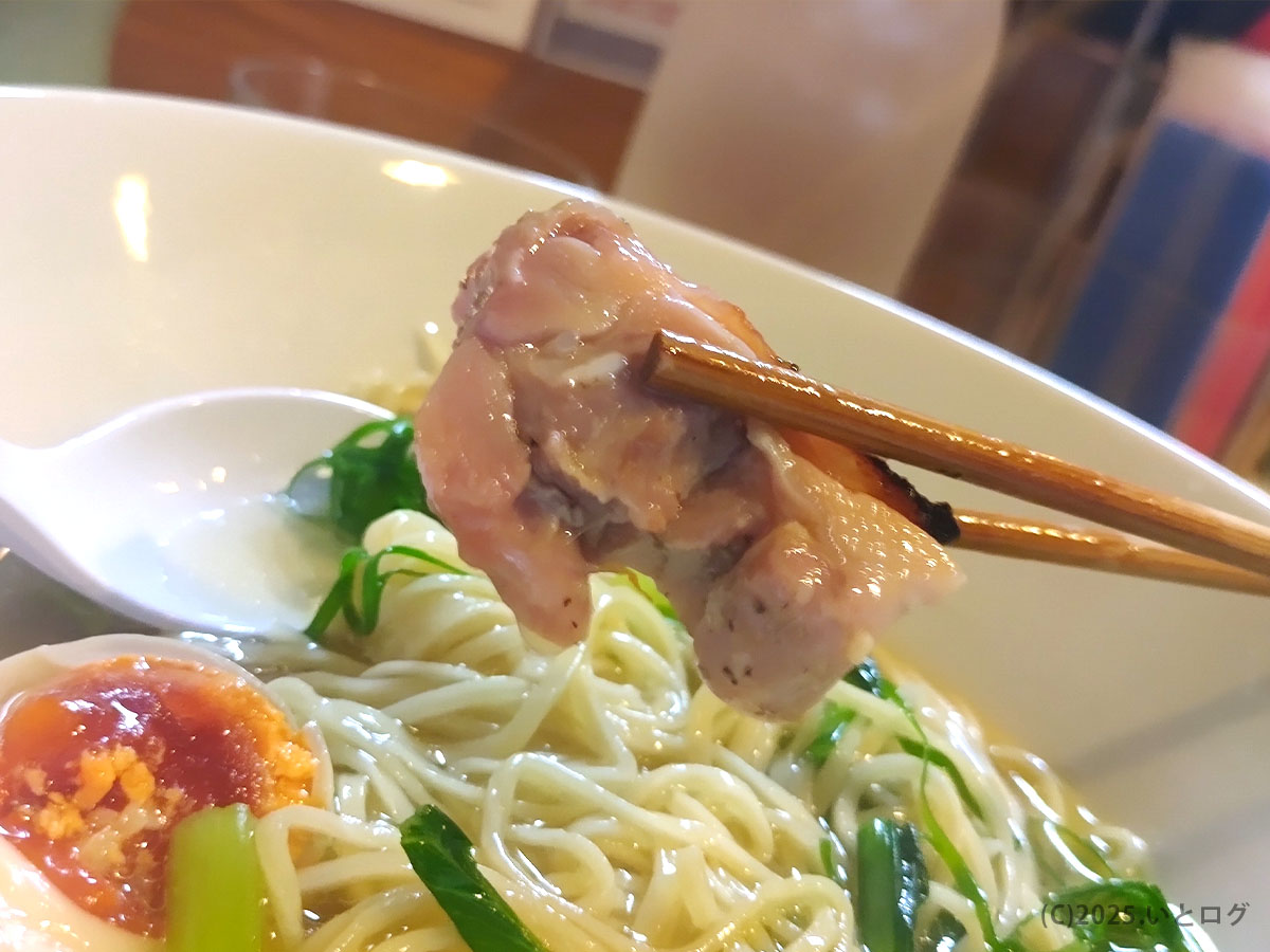 山梨県甲府市の人気店「鶏そばAkari」で提供された鶏チャーシュー。箸で持ち上げると、柔らかい身と炙りの香ばしさが伝わる。