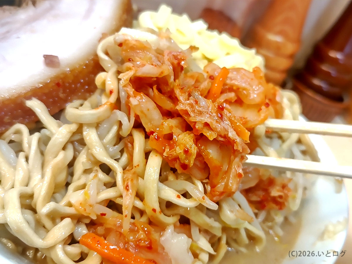 自家製ラーメン大者のキムチトッピング。極太麺に絡む高崎二郎系ラーメンの味変レビュー