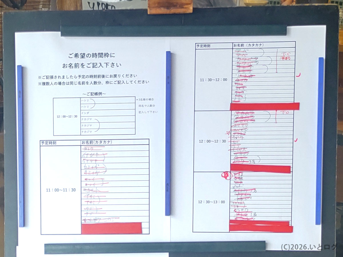 鳴神食堂 記帳ボードの様子（高崎の行列店で記帳は何時からか確認）