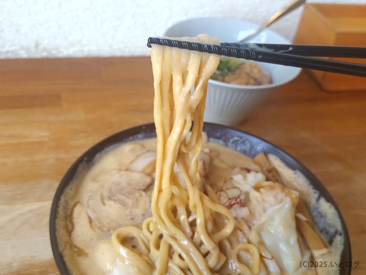 泡立つ鶏白湯からもっちり平打ち麺をリフトアップ。湖麺屋 Reel Cafe 得製SOY味噌ラーメンの“のび”を強調した一枚。