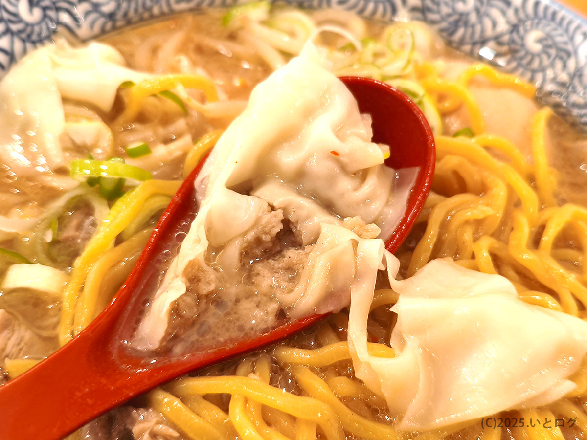 中華そばイッキューのワンタンをレンゲで持ち上げたアップ。肉感のある餡がしっかり詰まっており、背脂スープとの相性が良い。