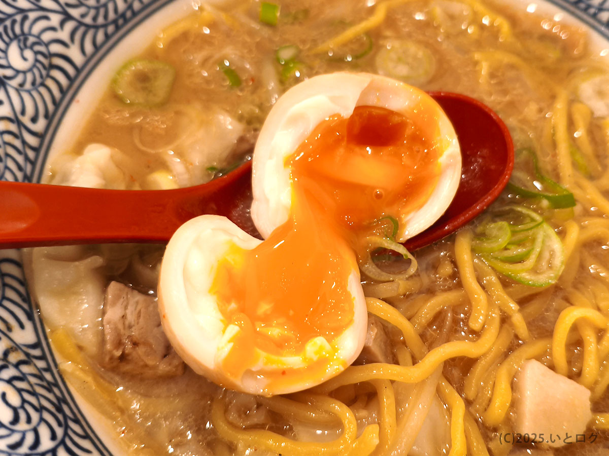 中華そばイッキューの味玉を割った状態。半熟の黄身がとろりと広がり、背脂スープと合わせると濃厚な味わいになる。