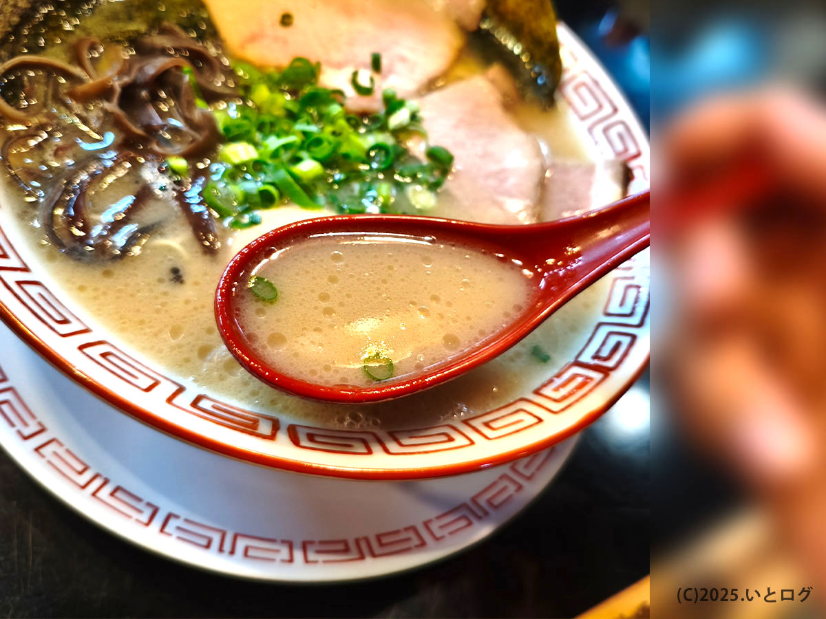 六角堂の豚骨スープをすくったレンゲ、博多ラーメンらしい白濁スープが甲府で楽しめる一杯