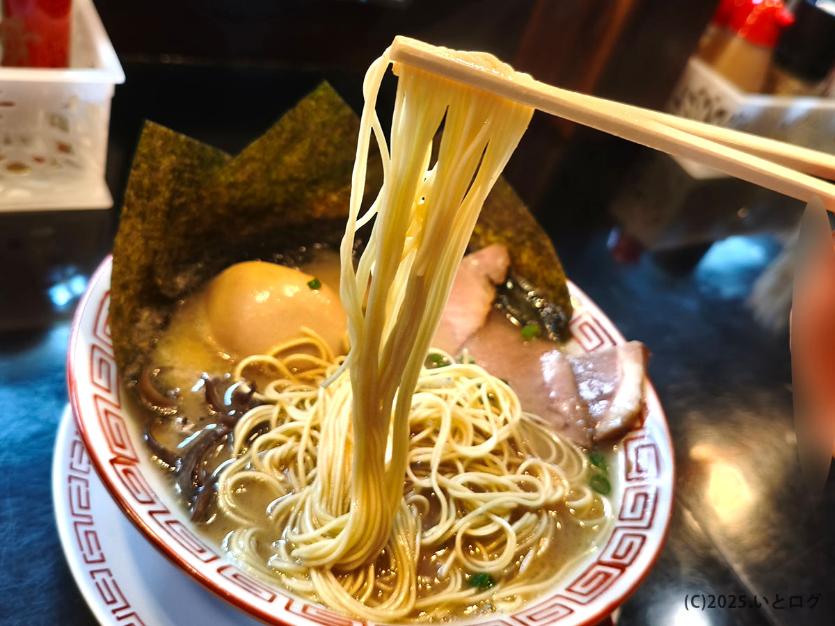 博多長浜らーめん六角堂の極細ストレート麺を持ち上げた瞬間、甲府で味わう本格豚骨ラーメン