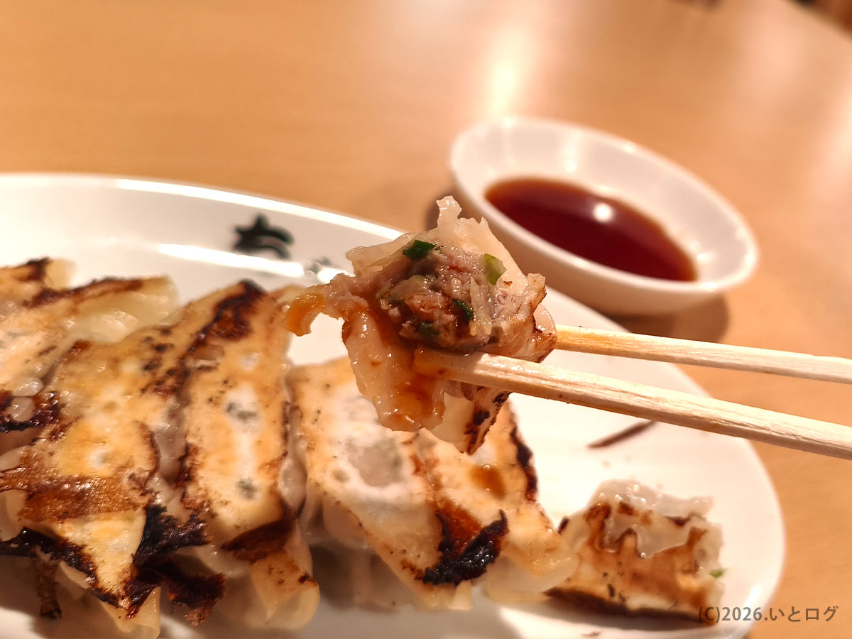 トンテキ屋ちゃん四日市店の餃子の断面。肉餡が詰まったジューシーな仕上がり