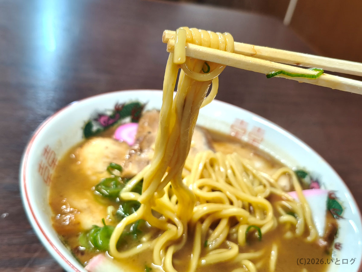 山為食堂の中華そばの麺|スープと絡むストレート麺