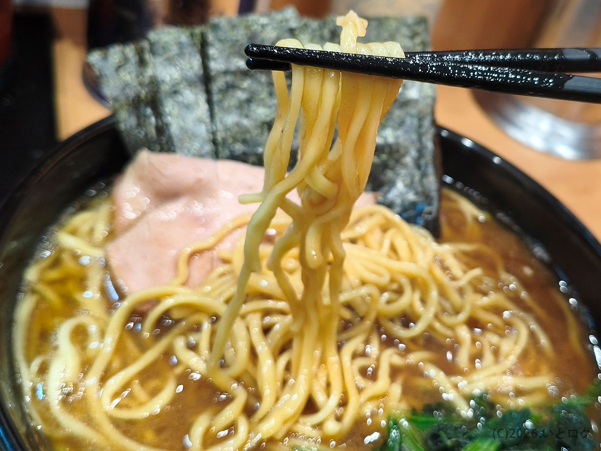 家系ラーメン 野中家 池袋 中太麺 スープと絡むもちっとした食感が特徴