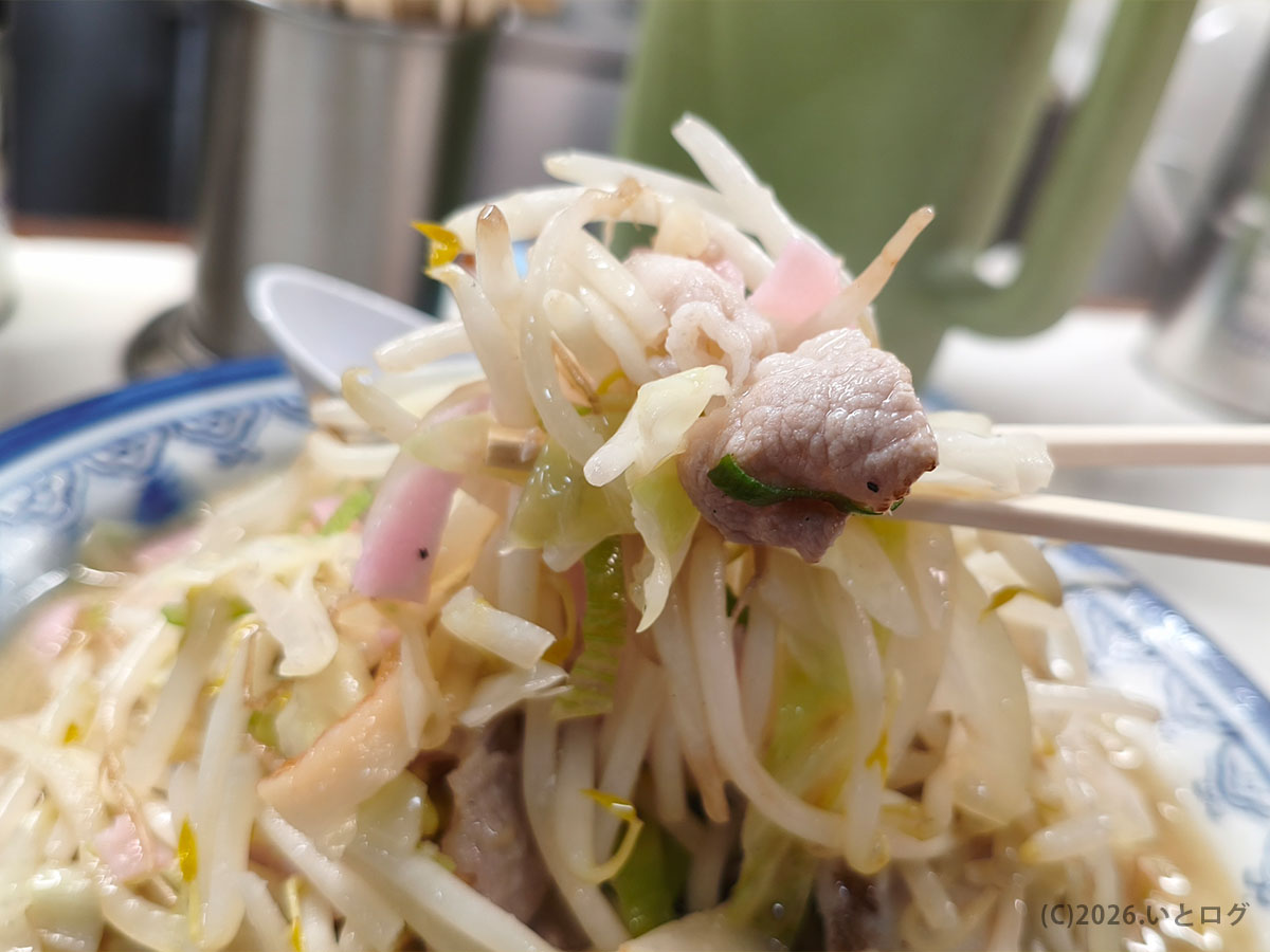 井出ちゃんぽん 具材たっぷりの一口 野菜と豚肉が絡む食べ応え