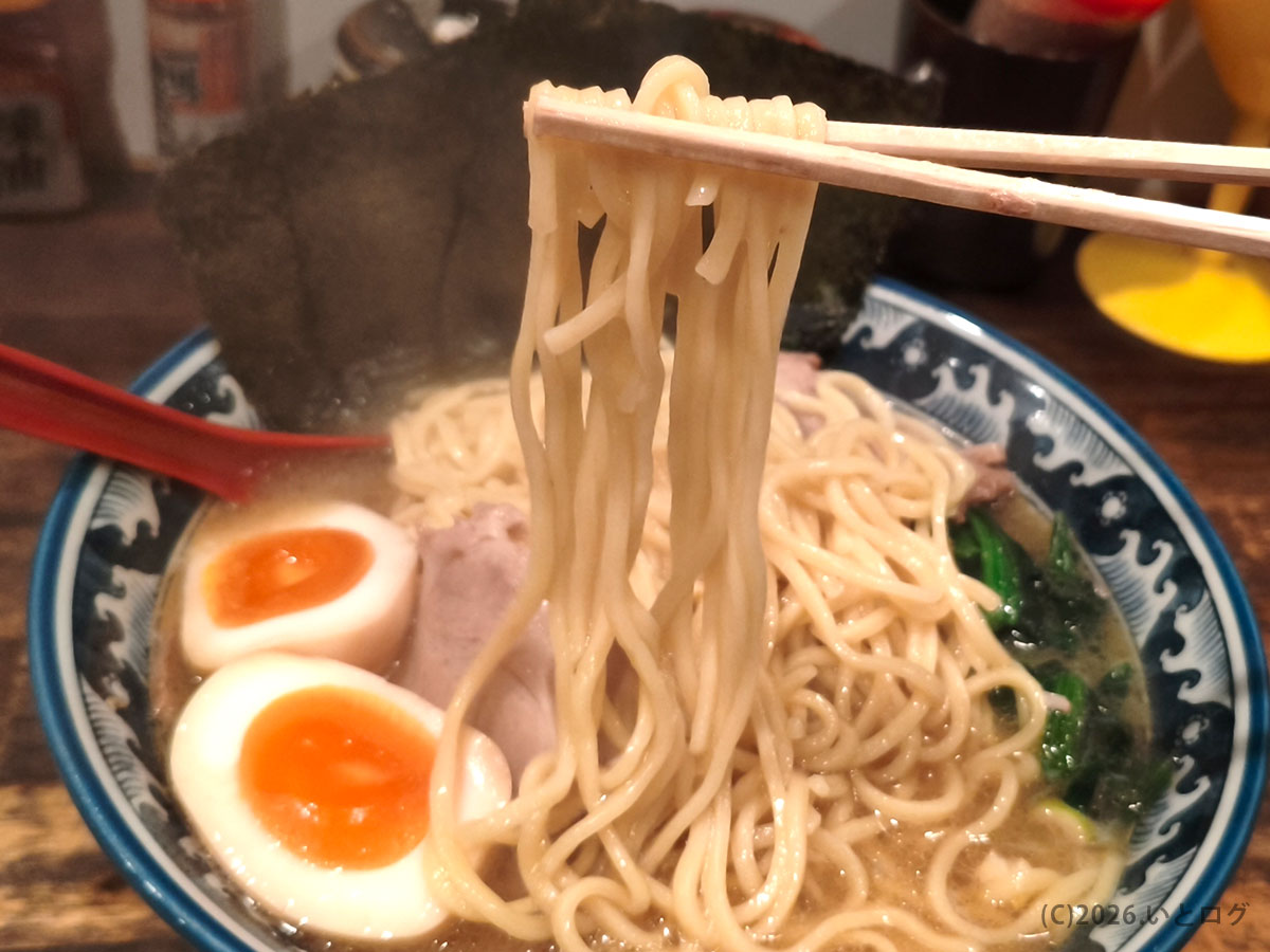 ラーメン家 政 長崎の中太麺 麺リフト 家系ラーメンらしい食感